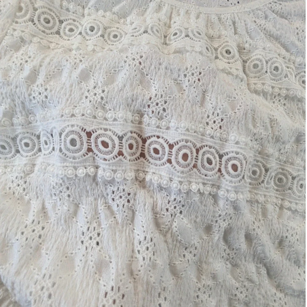 Zara White Eyelet Lace Crochet Boho Balloon‎ Sleeve Blouse Large